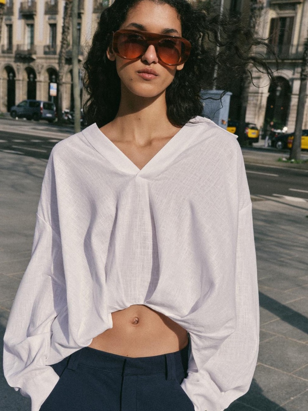 Zara White Relaxed V-Neck Lightweight Hoodie Top